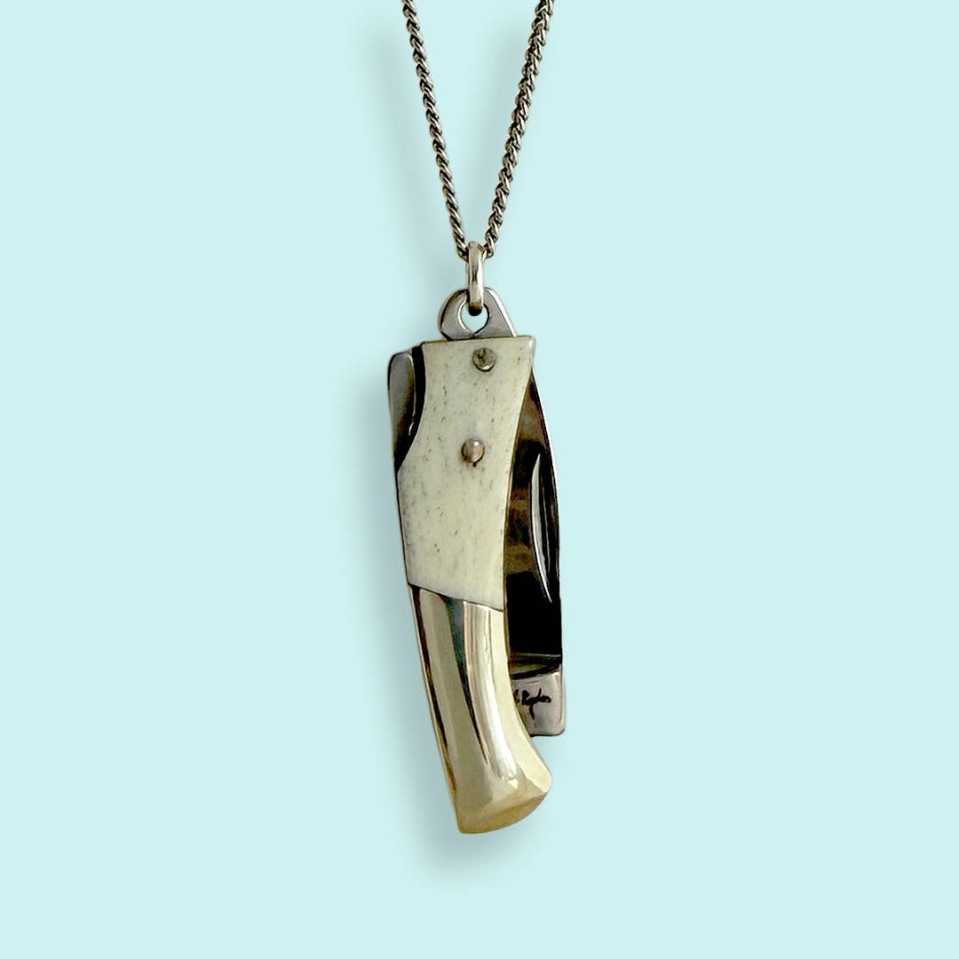 Bone Lockback Knife On Silver Chain Necklace