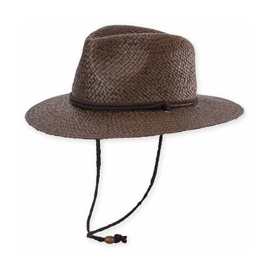 Brown woven hat with a chin strap on a white background