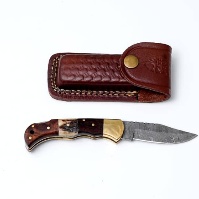 Damascus Steel Pocket Knife With Walnut Wood & Stag Handle