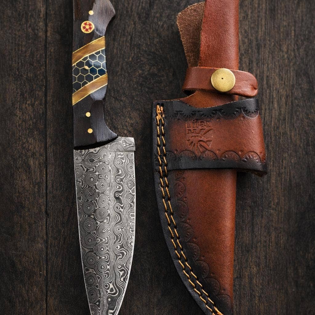 Damascus Steel Knife With Diamond Wood and Black Honeycomb Resin Handle
