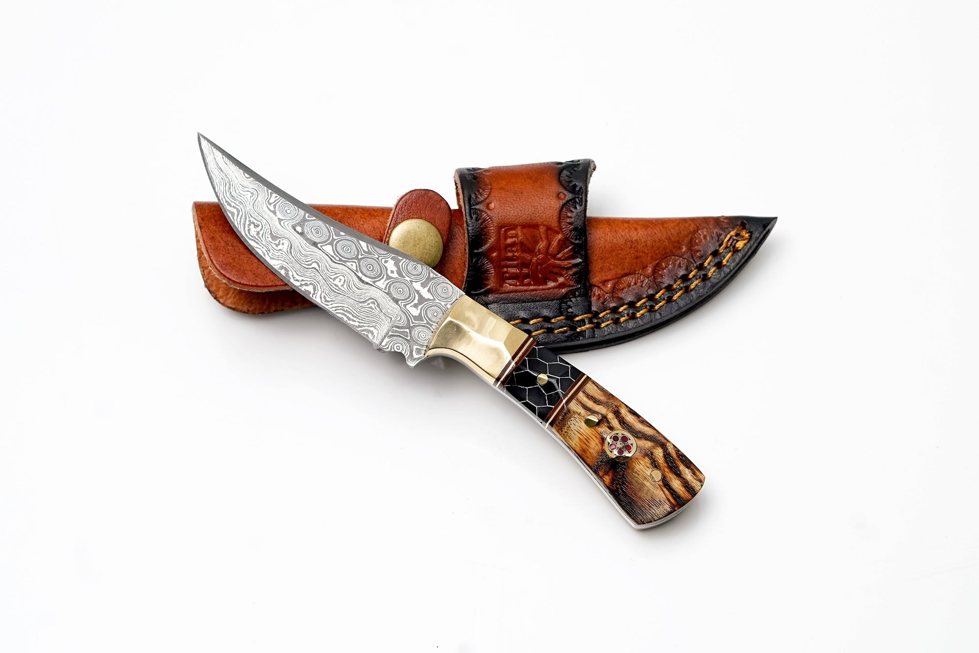 Damascus Steel Trailing Point Hunting Knife w/ Brass Bolster and Honeycomb Handle