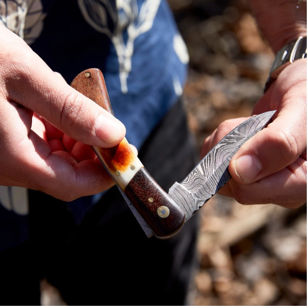 Walnut & Torched Bone Damascus Pocket Knife