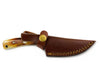 Brown leather knife sheath with gold stitching on a white background
