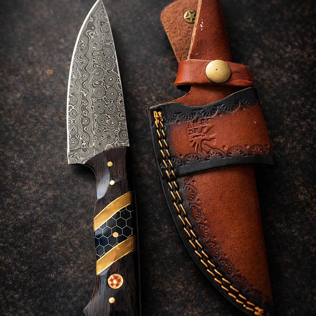 Damascus Steel Knife With Diamond Wood and Black Honeycomb Resin Handle