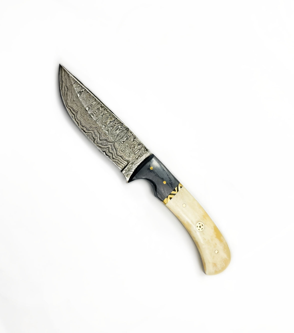 Damascus Steel Hunting Knife With Diamond Wood and Camel Scales
