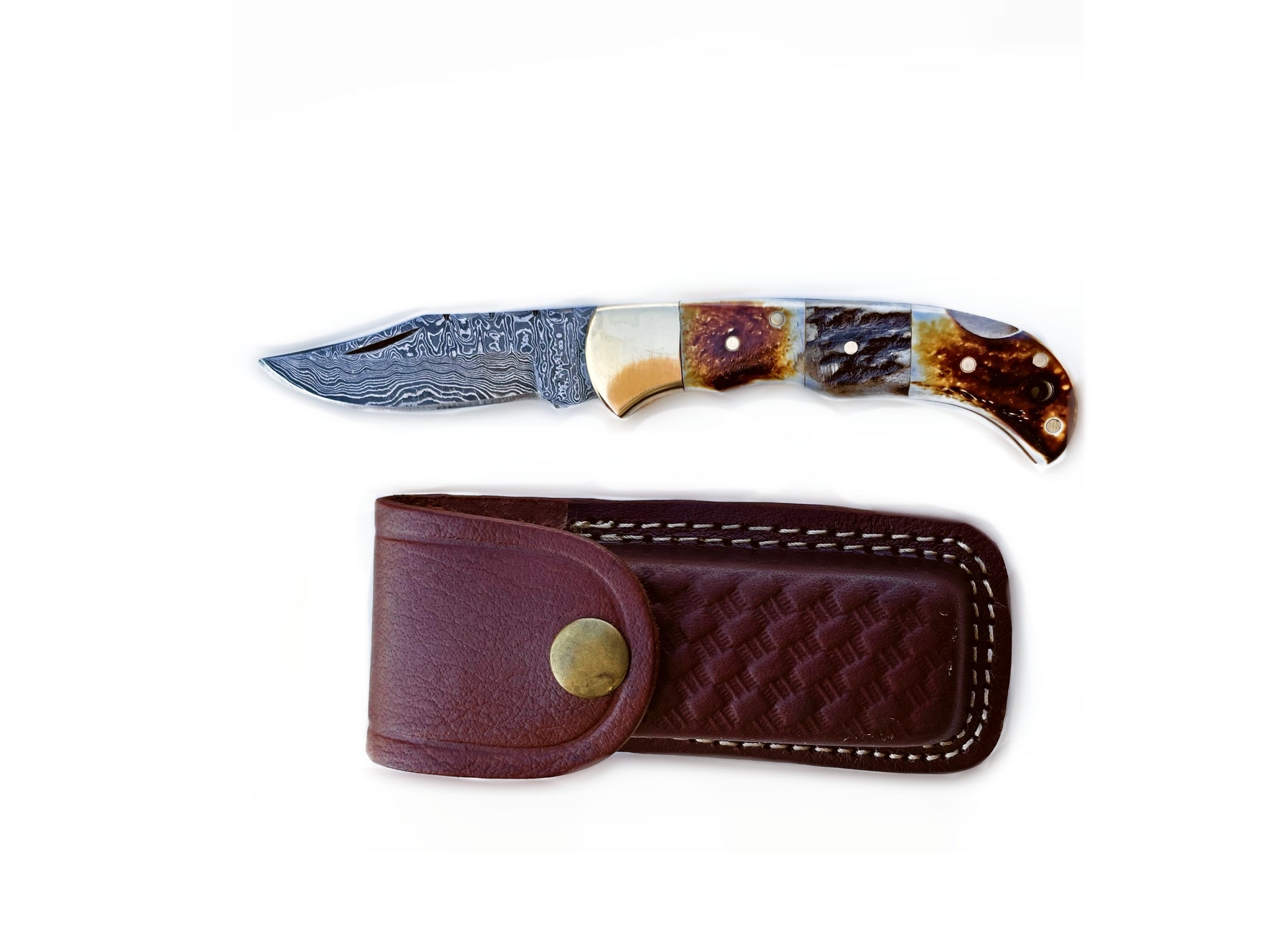 Burnt Bone and Stag Horn Folding Knife with Leather Sheath