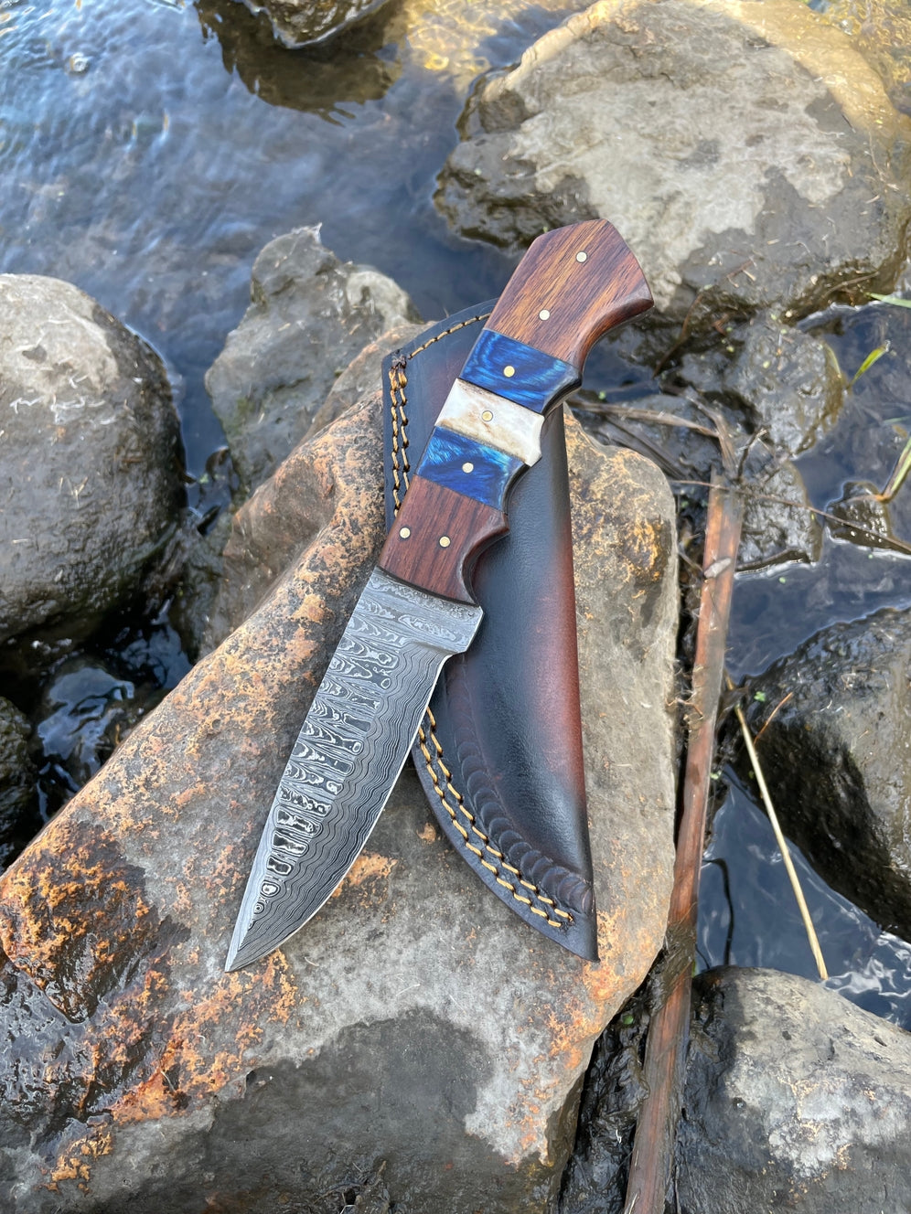 Damascus Steel Hunting Knife w/ Stag Horn and Diamond Wood Handle