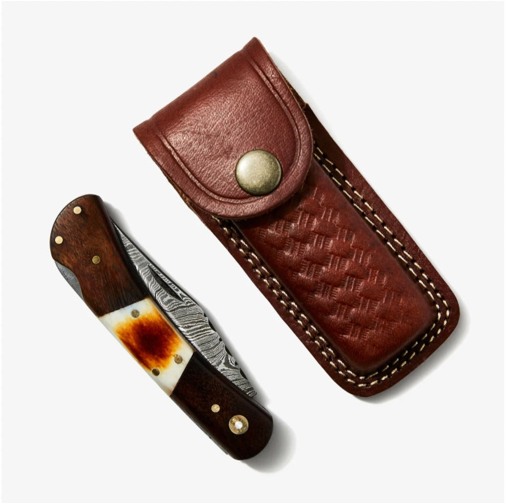 Walnut & Torched Bone Damascus Pocket Knife