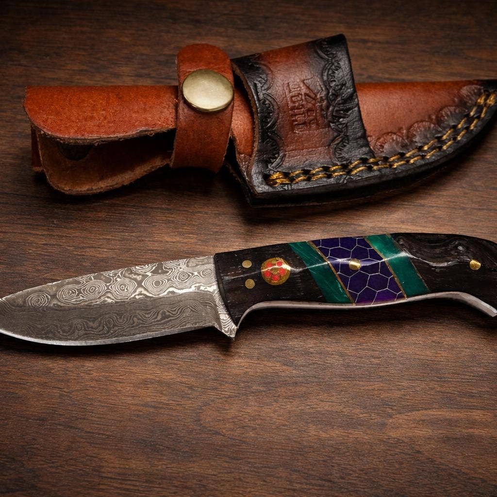 Hand-Forged Damascus Steel Drop Point Outdoor Utility Tool With Dark Wood, Green Resin & Purple Honeycomb Handle