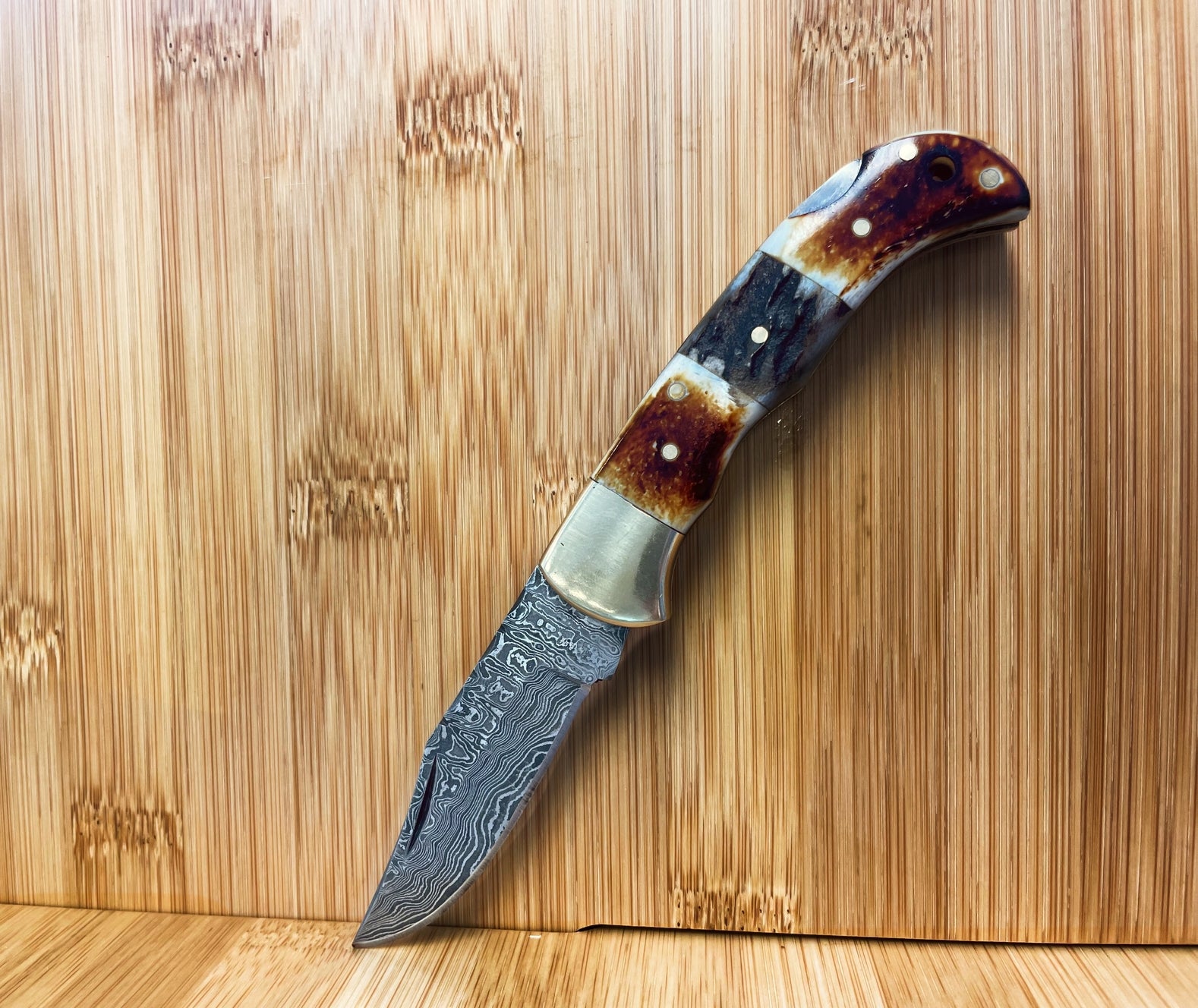 Burnt Bone and Stag Horn Folding Knife with Leather Sheath