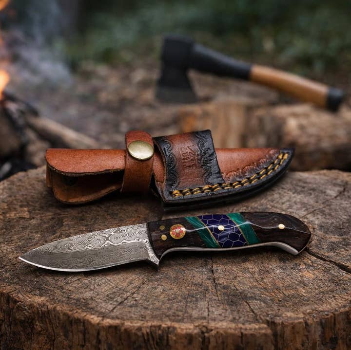 Hand-Forged Damascus Steel Drop Point Outdoor Utility Tool With Dark Wood, Green Resin & Purple Honeycomb Handle