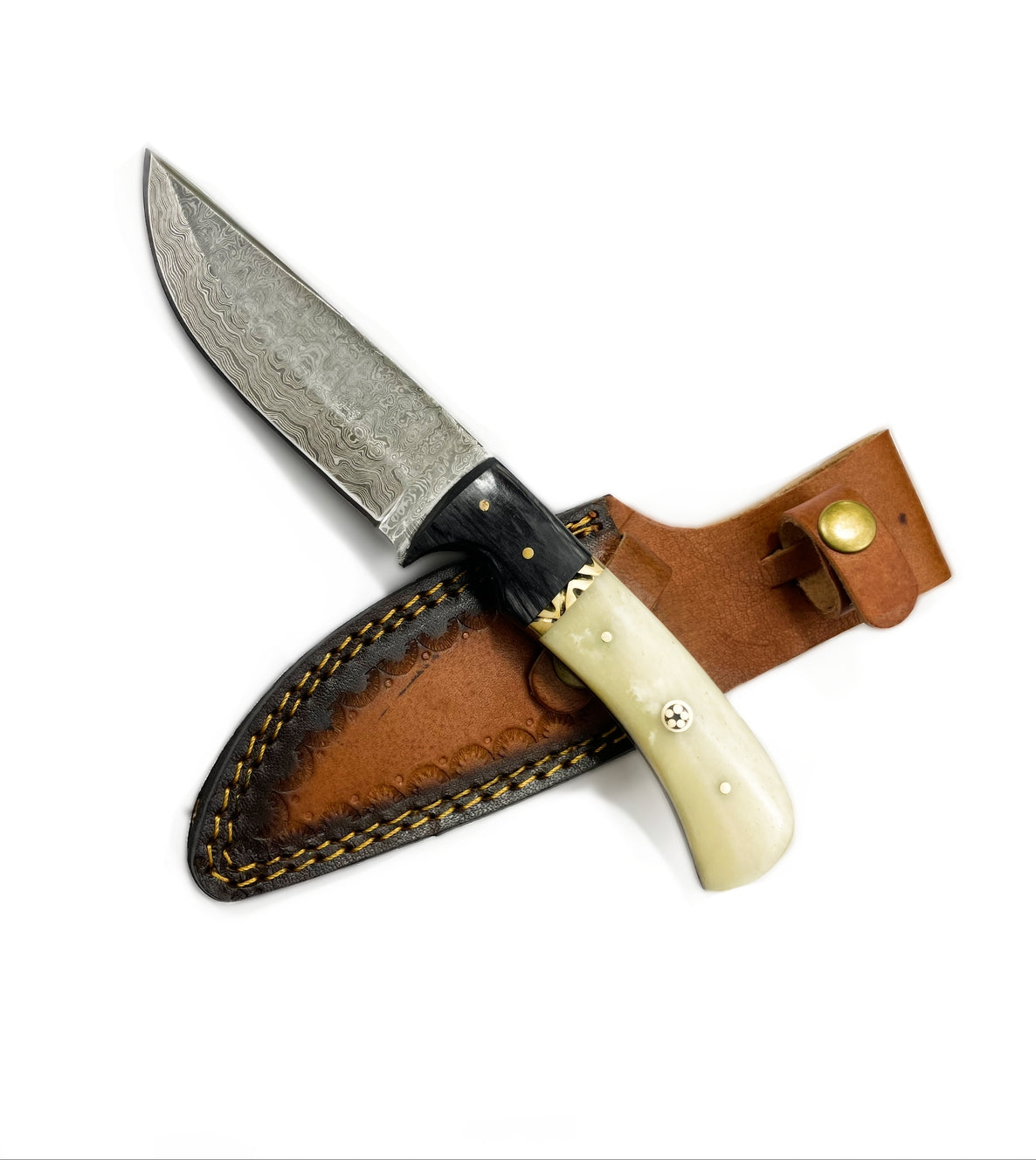 Damascus Steel Hunting Knife With Diamond Wood and Camel Scales