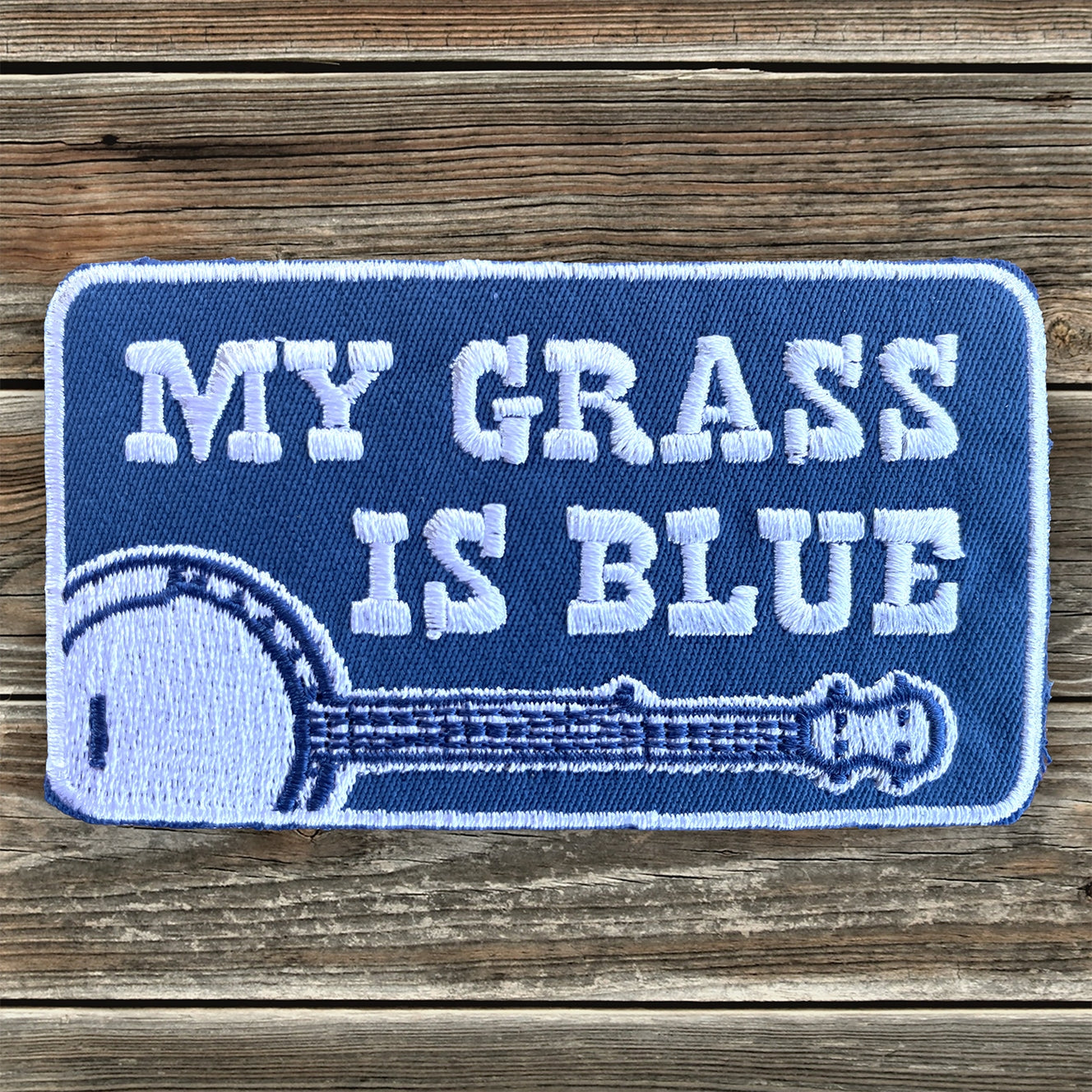 "My Grass Is Blue" Embroidered Banjo Bluegrass Iron-On Patch