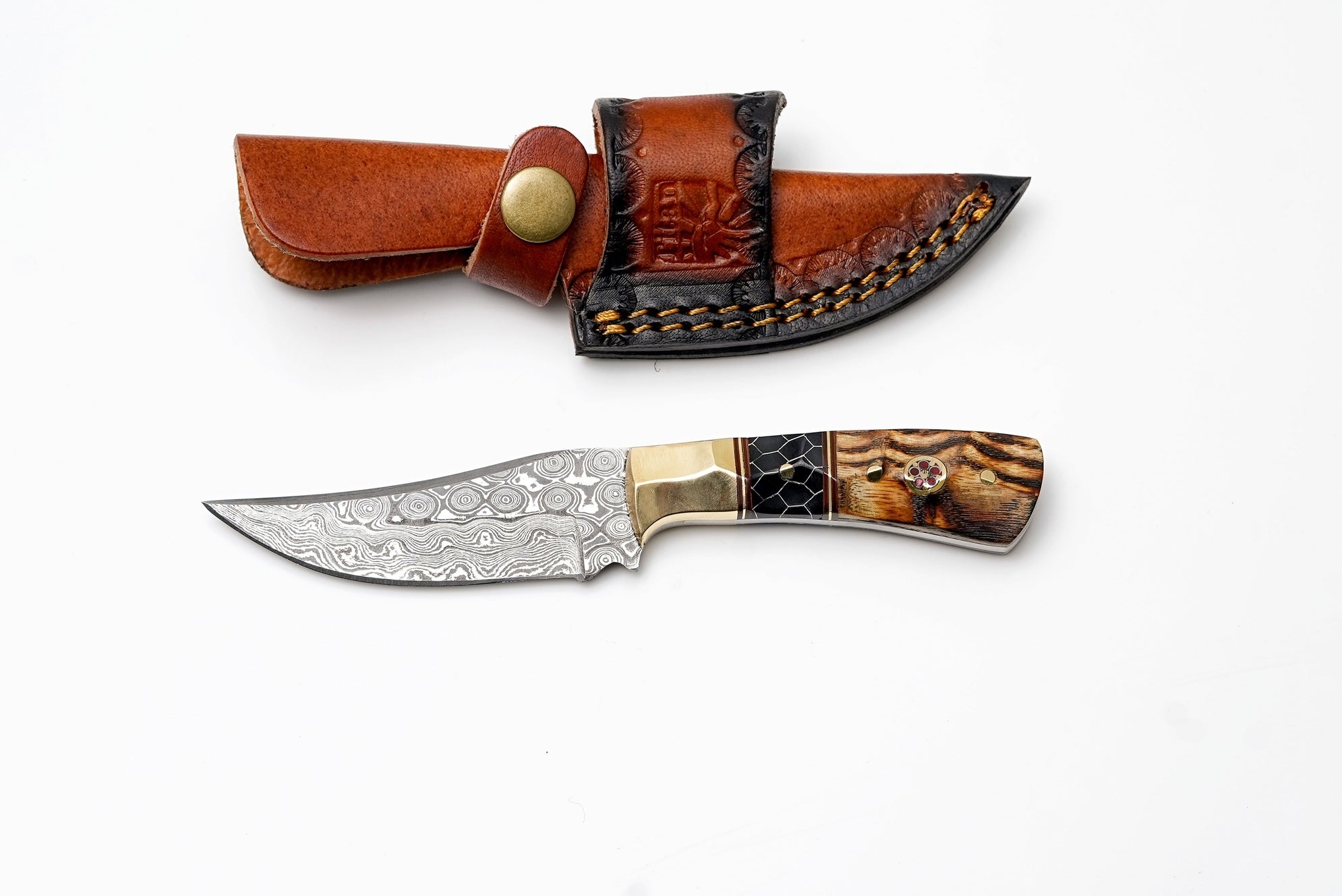 Damascus Steel Trailing Point Hunting Knife w/ Brass Bolster and Honeycomb Handle