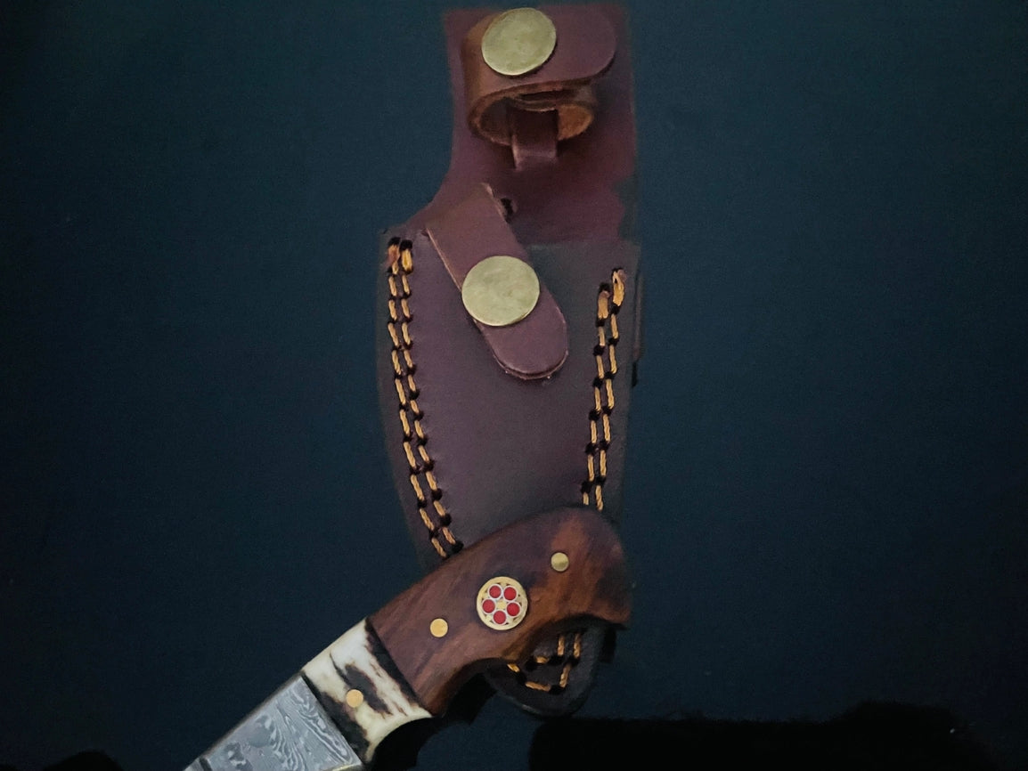 Damascus Steel Knife with Walnut & Stag Horn Handle