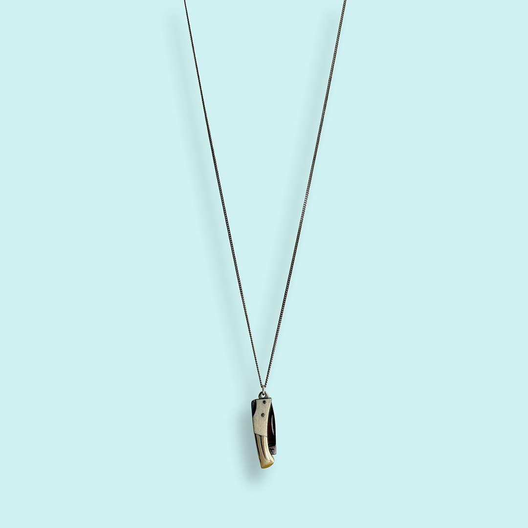 Bone Lockback Knife On Silver Chain Necklace