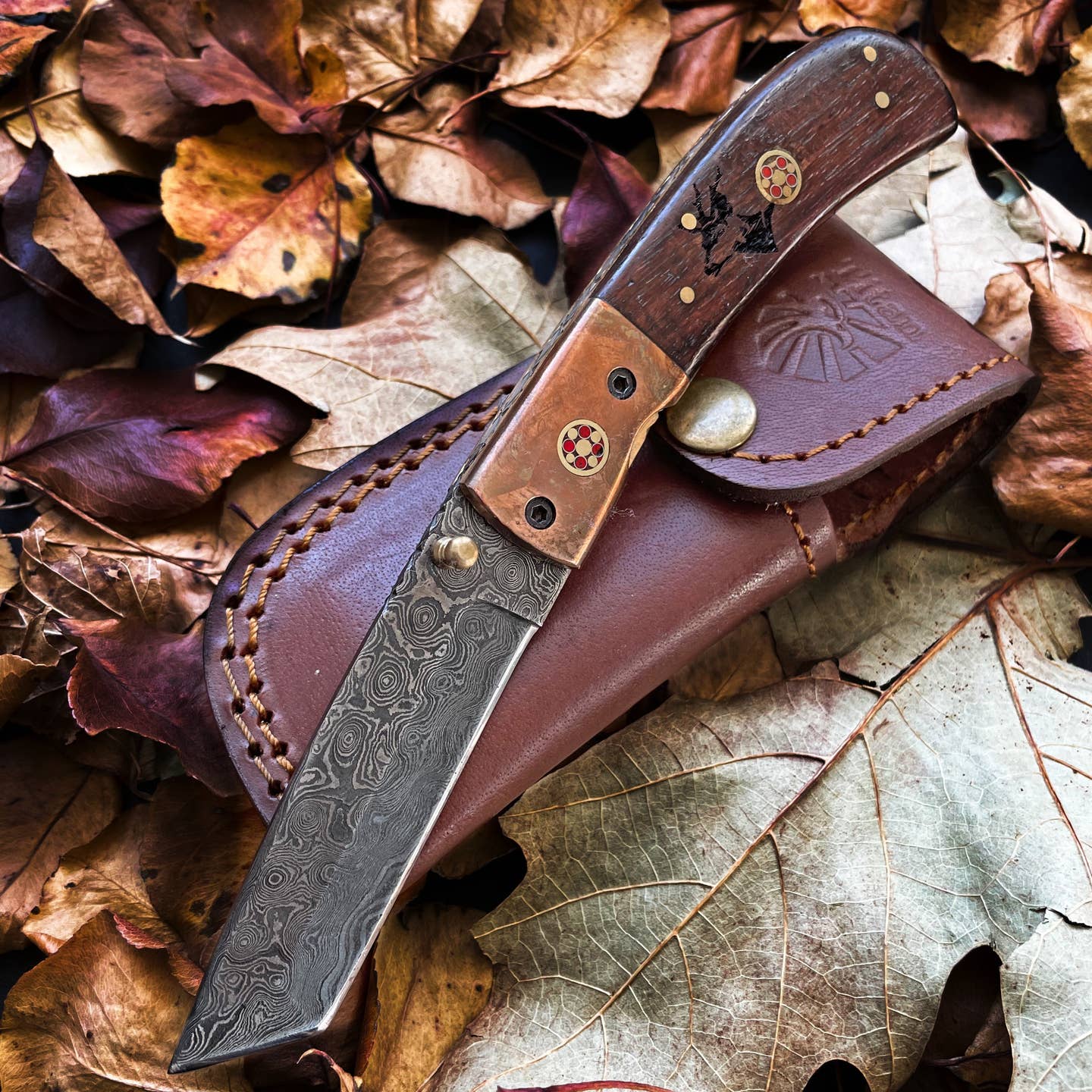 Damascus Steel Tanto Blade Folding Knife With Engraved Walnut Handle