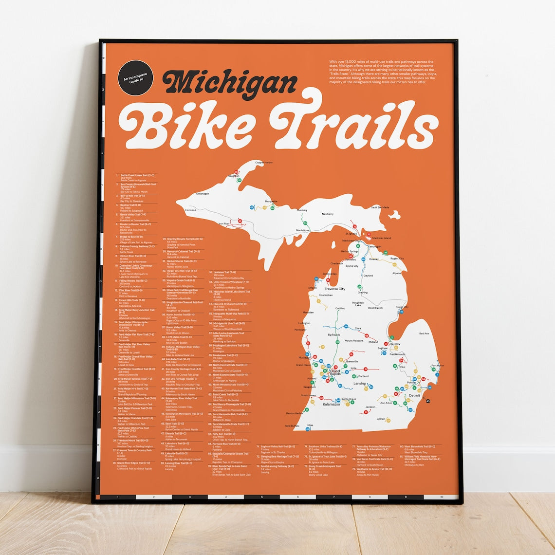 Michigan Bike Trails Map Poster 16x20
