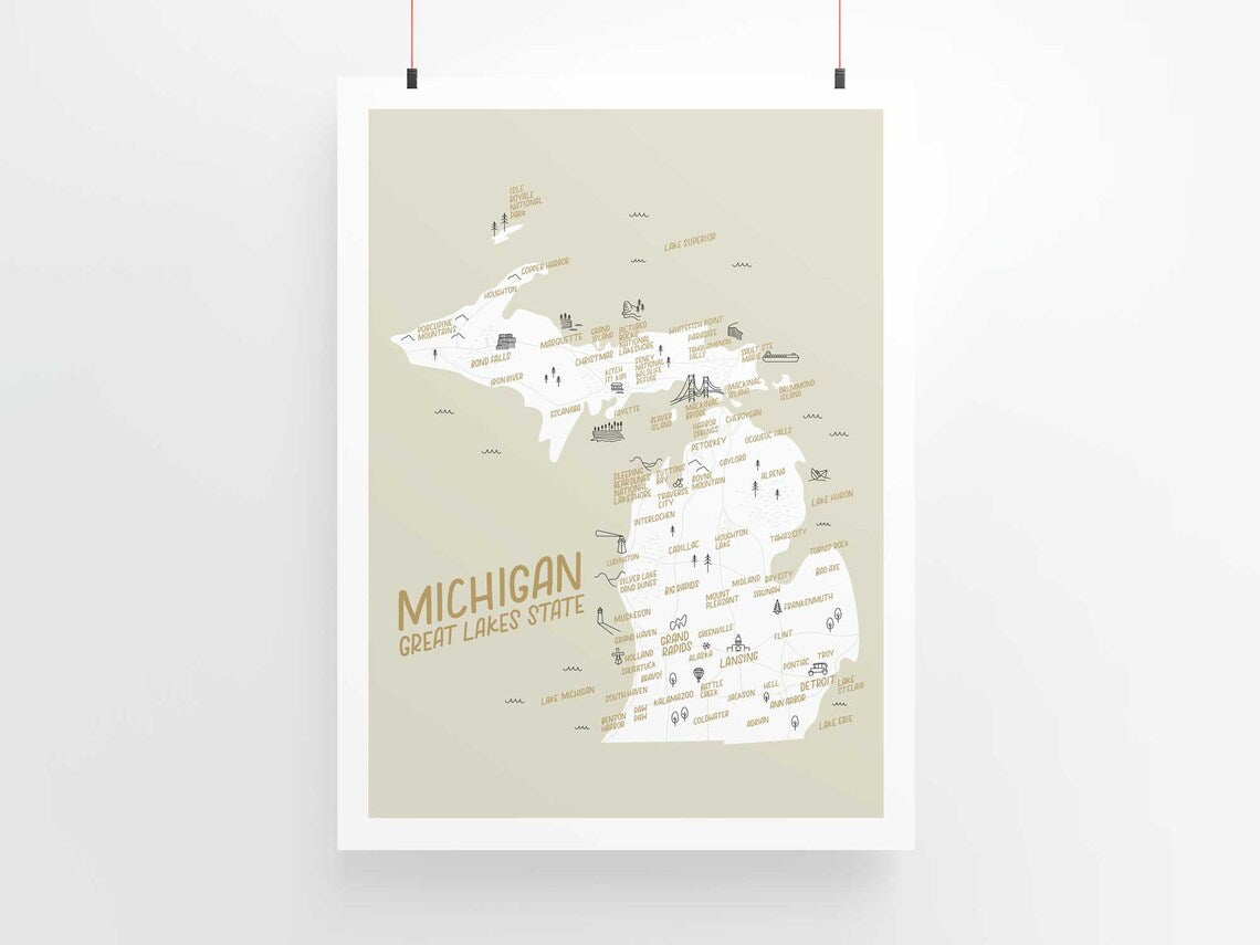 Michigan Map Illustrated Art Print 9x12