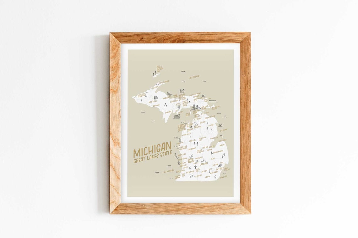 Michigan Map Illustrated Art Print 9x12
