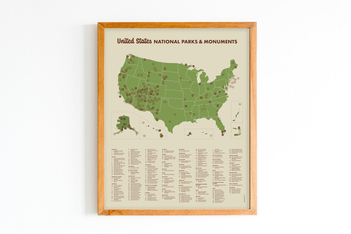 US National Parks & Monuments Checklist Poster 16x20
