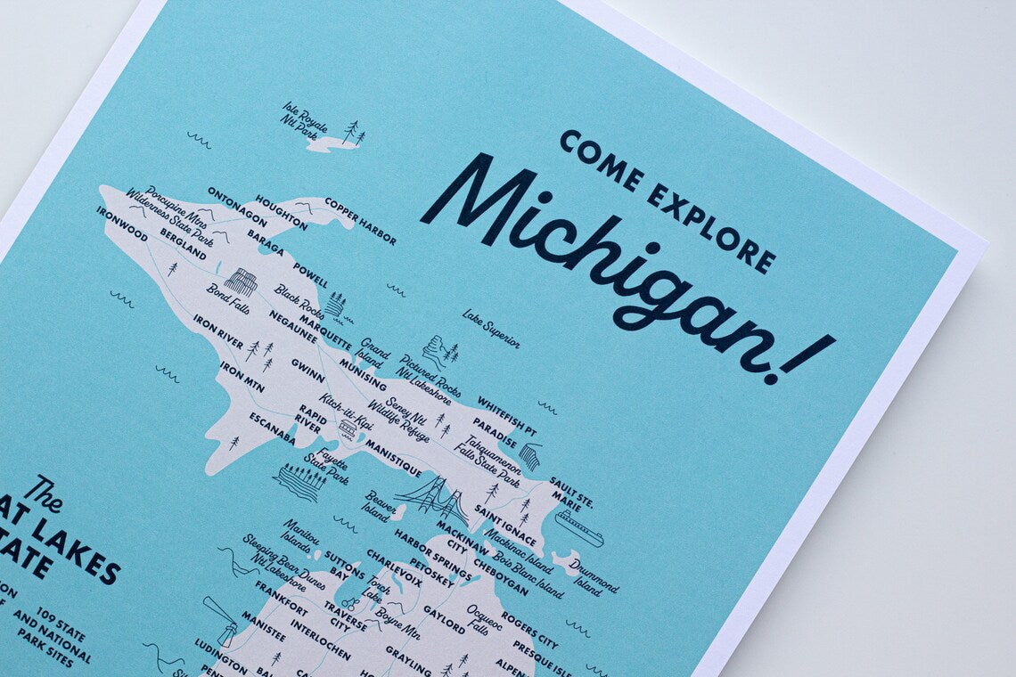 Explore Michigan Map Illustrated Art Print 9x12