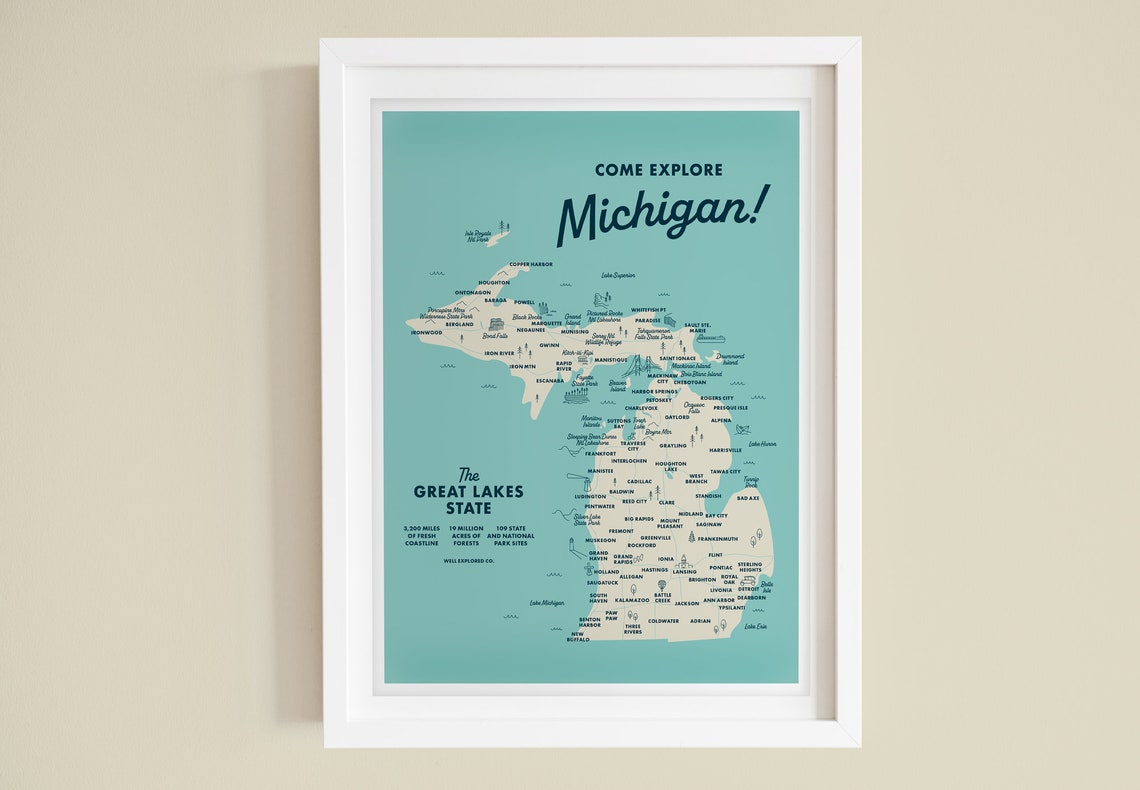 Explore Michigan Map Illustrated Art Print 9x12