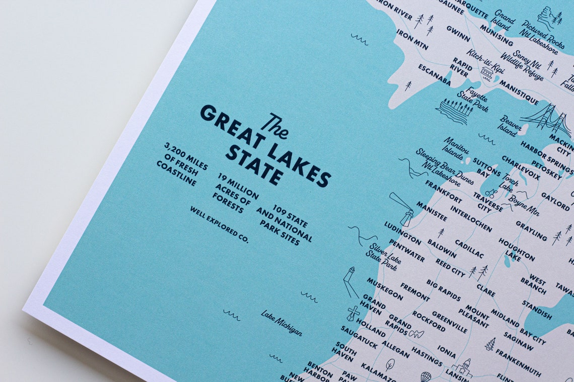 Explore Michigan Map Illustrated Art Print 9x12