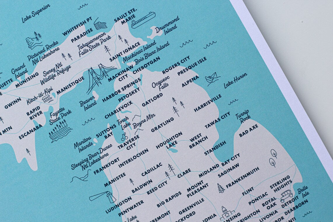 Explore Michigan Map Illustrated Art Print 9x12