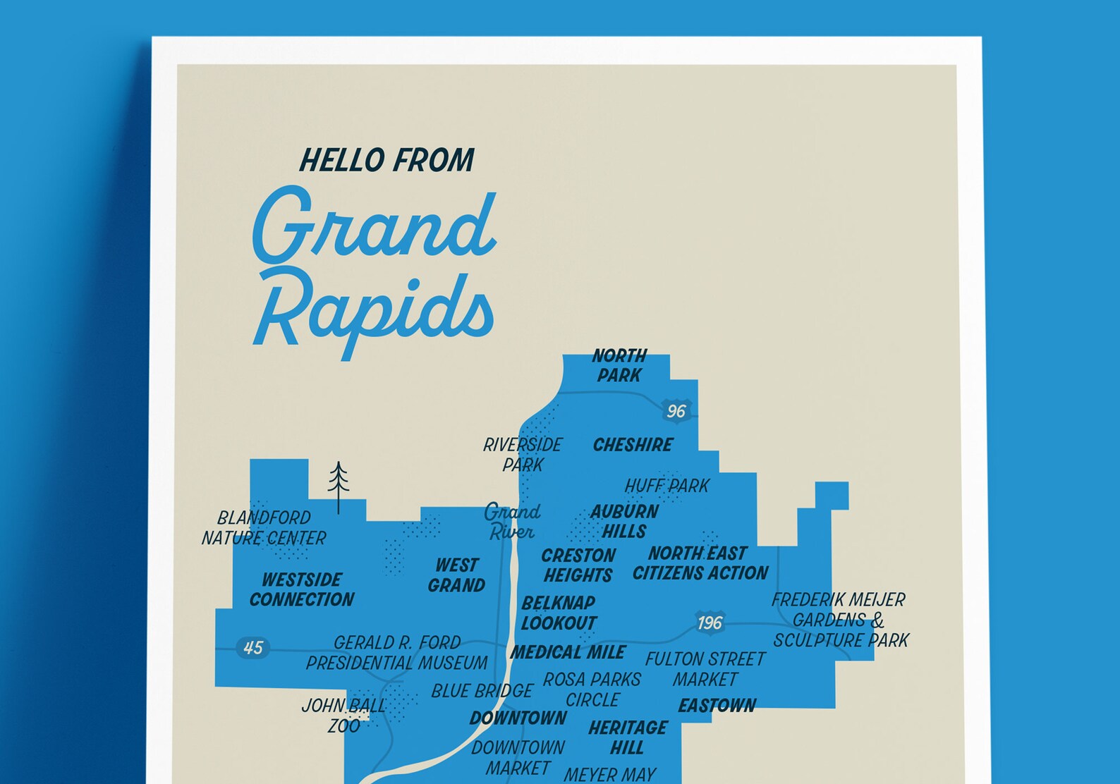 Grand Rapids Michigan Map Postcard 5x7
