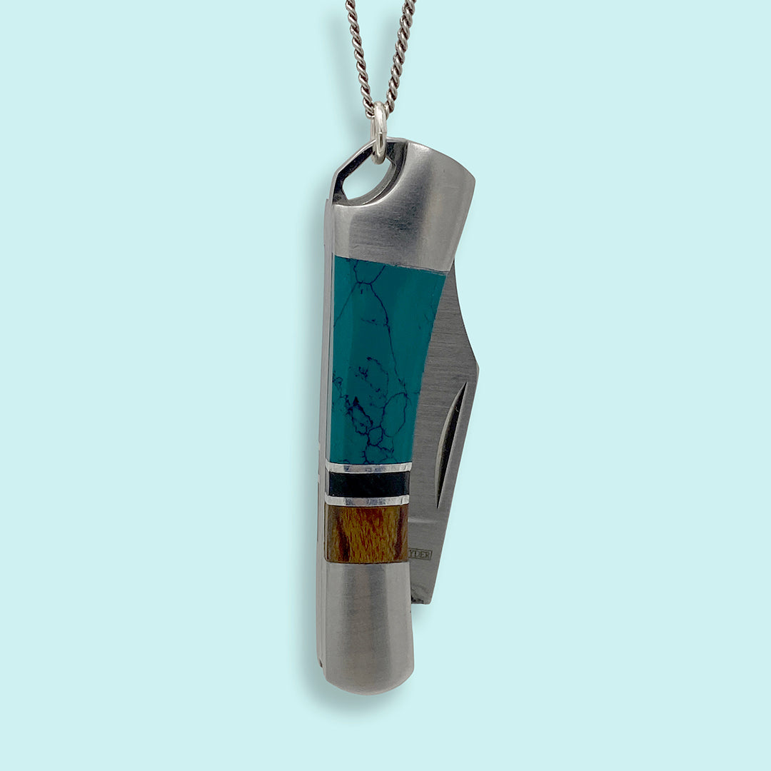 Turquoise and Wood Inlaid Knife on Brass Chain
