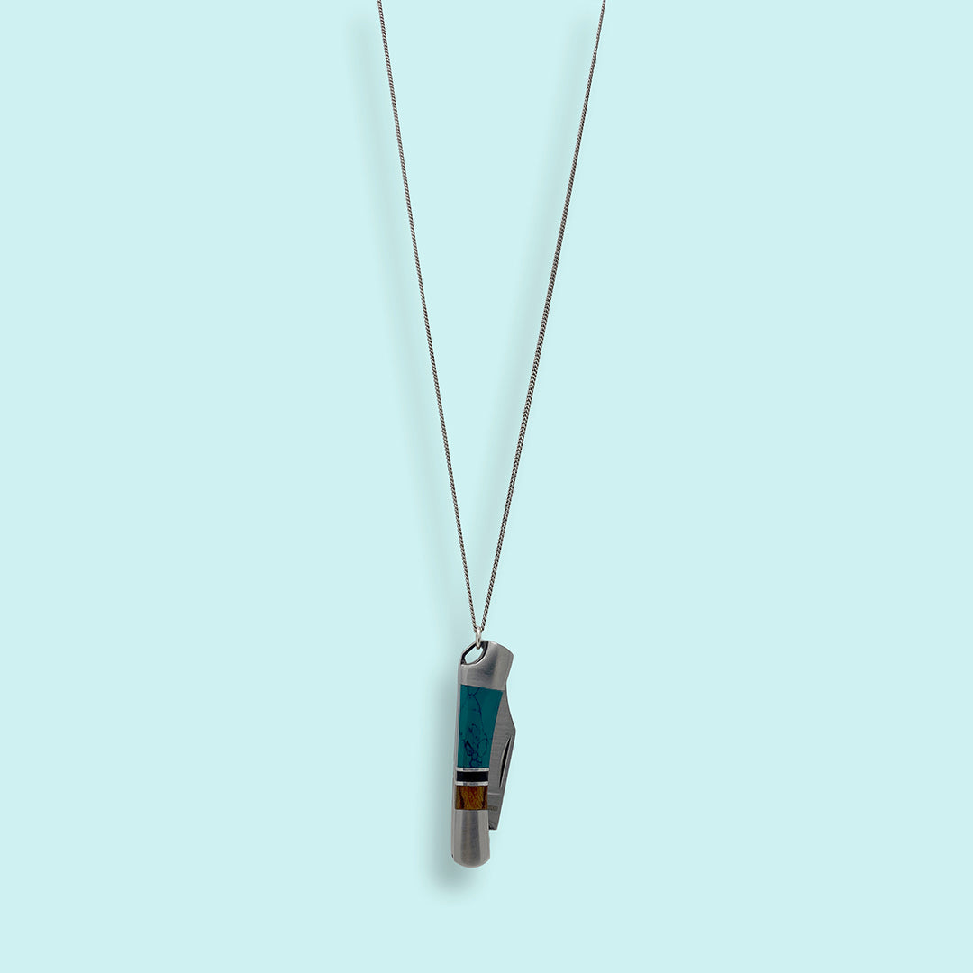 Turquoise and Wood Inlaid Knife on Brass Chain